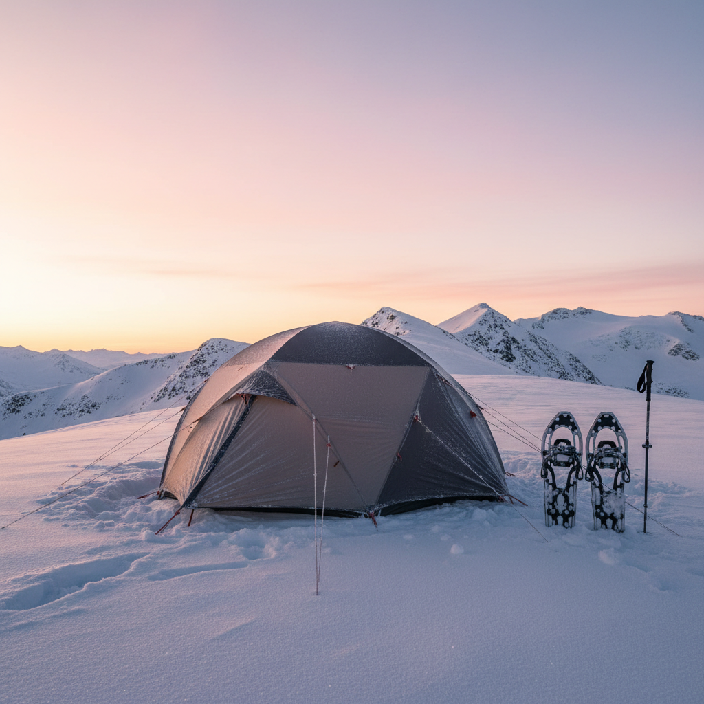 A winter backcountry scene featuring a single four-season tent anchored firmly into a snow-covered ridge, its muted sand and slate colors contrasting elegantly with the crisp white surroundings. Next to it, a pair of high-end snowshoes and a carbon-fiber trekking pole are planted upright, hinting at recent travel. The sky glows with soft pastel hues of early sunrise, casting gentle pink and gold reflections on untouched snow drifts and creating subtle, elongated shadows. Photographic realism, captured from a three-quarter angle, with sharp detail in the tent’s reinforced seams and frosted guy lines. The mood is resilient yet peaceful, highlighting advanced, cold-weather camping knowledge and routes for experienced outdoor enthusiasts.