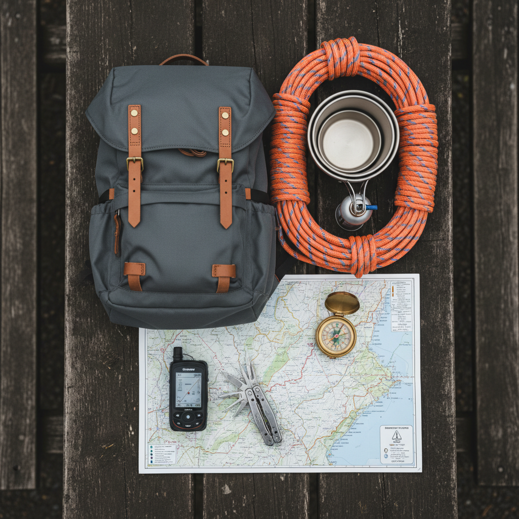 A polished flat-lay of essential camping gear arranged on a dark wooden picnic table, featuring a premium graphite-gray backpack with leather accents, a neatly coiled climbing rope, ultralight stainless steel cookware, a compact GPS device, and a small multitool with brushed metal finish. A detailed topographic map spreads underneath, partially folded, with a compass resting precisely on a contour line. Overcast daylight from above provides soft, even illumination, reducing harsh shadows and enhancing textures. Photographic realism with sharp focus throughout, shot from a perfectly overhead bird’s-eye perspective. The atmosphere feels refined, organized, and purposeful, ideal for showcasing thoughtful gear picks and route planning for an outdoor community app.