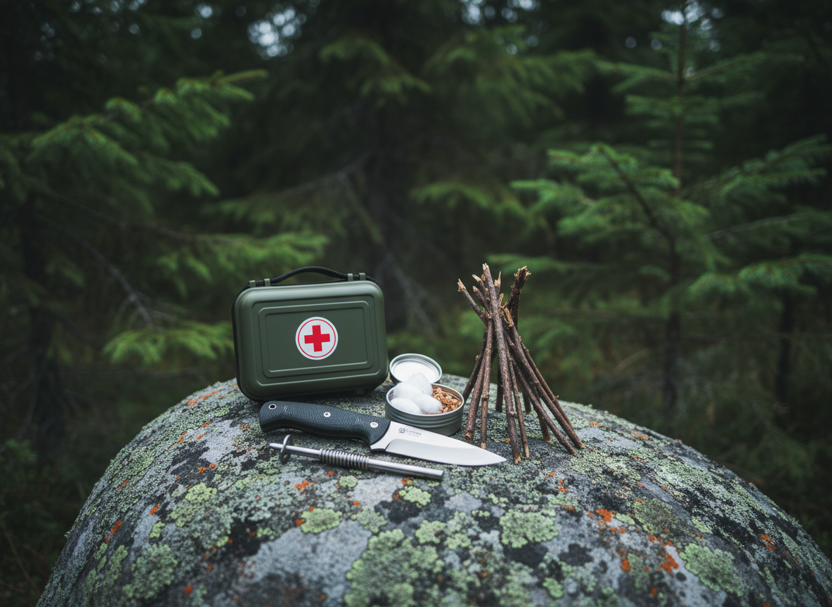 A minimalist survival setup on a smooth, lichen-dotted boulder at the edge of a dense spruce forest: a compact first-aid kit with a rugged, waterproof shell, a sleek fixed-blade knife with a dark micarta handle, a ferro rod with visible scrape marks, and a small metal tin containing neatly organized fire-starting materials. Nearby, a carefully constructed teepee-style kindling stack is ready to ignite. Cool early-morning overcast light provides crisp, diffuse illumination, emphasizing edges and fine details without dramatic shadows. Photographic realism with a shallow depth of field, keeping the survival tools sharply in focus while the forest background softly blurs. The mood is calm, prepared, and knowledgeable, highlighting practical survival tips in an understated, sophisticated style.