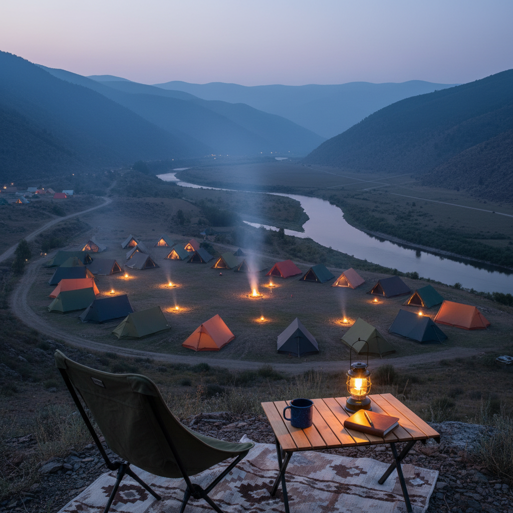 An elevated overlook view of a valley campground at dusk, dotted with several modern tents in muted earth tones and a few soft, glowing campfires represented only by warm light sources and rising smoke columns, with no visible people. A winding river reflects the deepening blue sky, while distant ridgelines fade into layered silhouettes. The closest campsite in the foreground showcases a carefully arranged setup: a sturdy camp chair, a small folding table with an enamel mug, a lantern, and a closed journal. The last light of day mingles with the warm flicker of firelight, creating a balanced, cinematic contrast. Photographic realism, shot from a high vantage point with a wide lens, conveying a sense of community, connection, and shared outdoor experience without human figures.
